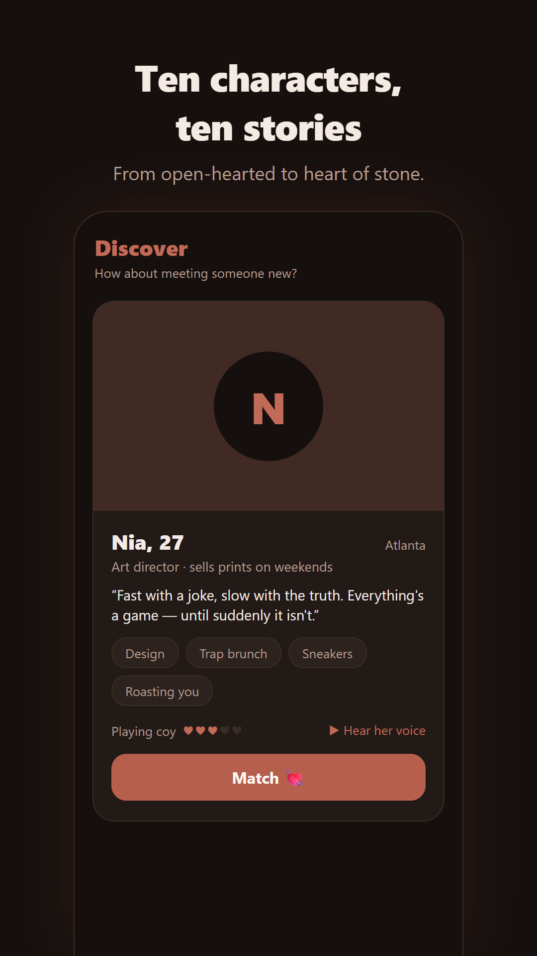 The Discover screen showing a character card
