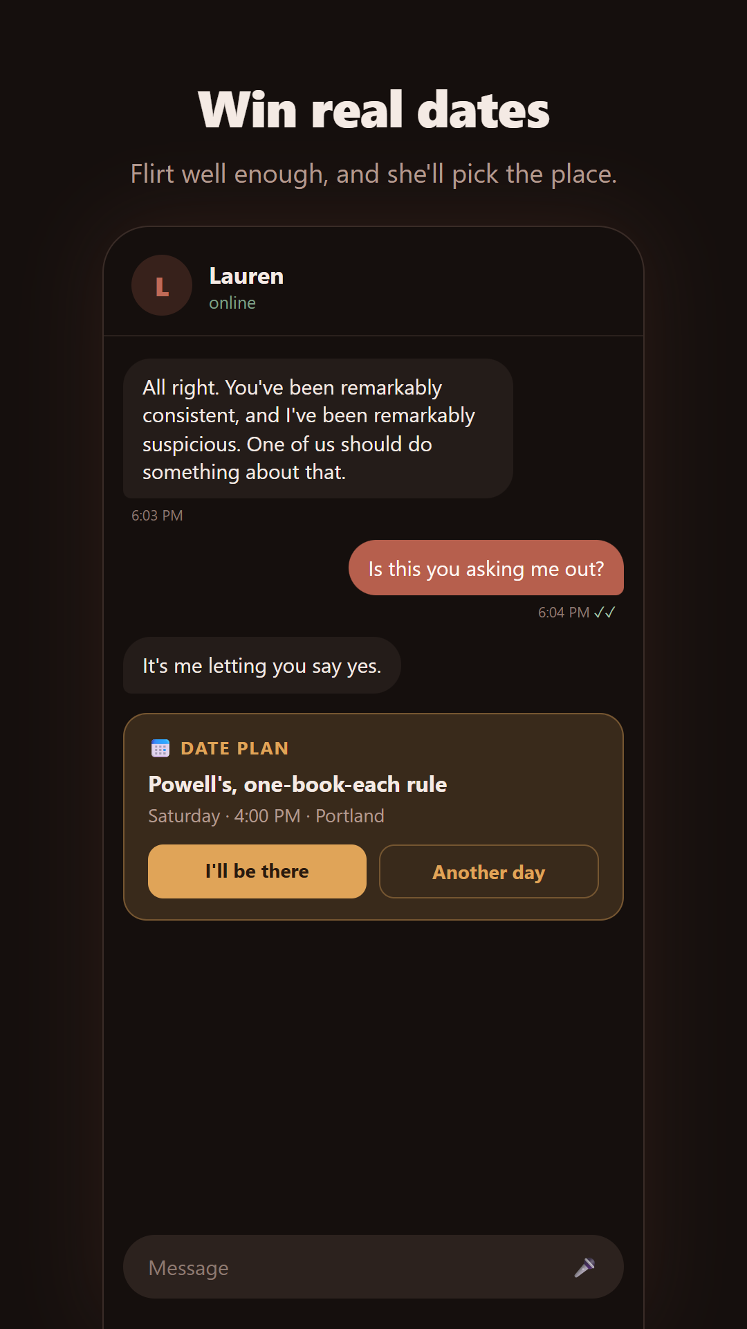 A date plan card in a chat